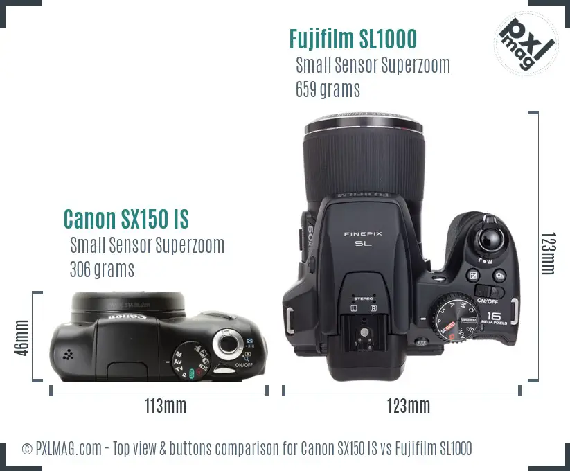 Canon SX150 IS vs Fujifilm SL1000 top view buttons comparison