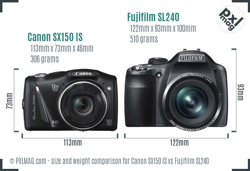 Canon SX150 IS vs Fujifilm SL240 size comparison