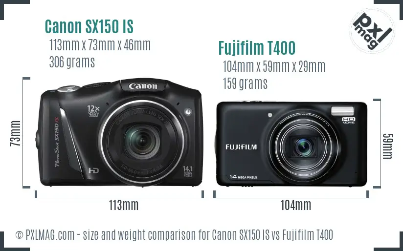 Canon SX150 IS vs Fujifilm T400 size comparison