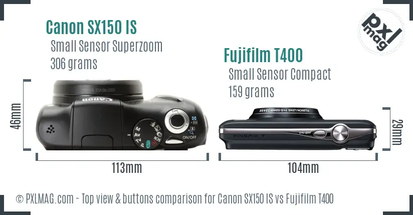Canon SX150 IS vs Fujifilm T400 top view buttons comparison