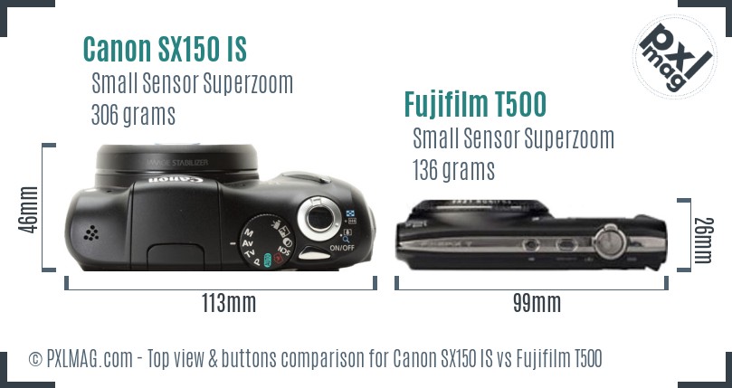 Canon SX150 IS vs Fujifilm T500 top view buttons comparison