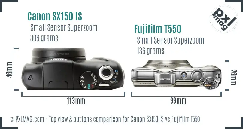 Canon SX150 IS vs Fujifilm T550 top view buttons comparison Canon SX150 IS vs Fujifilm T550 top view buttons comparison