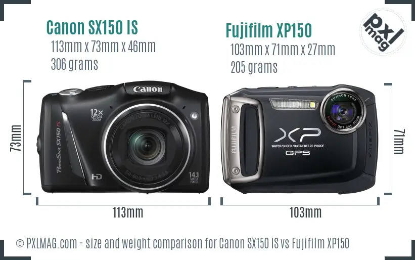 Canon SX150 IS vs Fujifilm XP150 size comparison