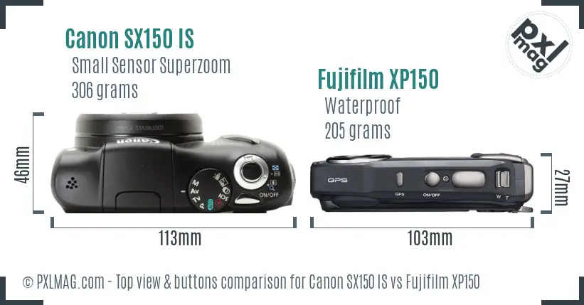 Canon SX150 IS vs Fujifilm XP150 top view buttons comparison