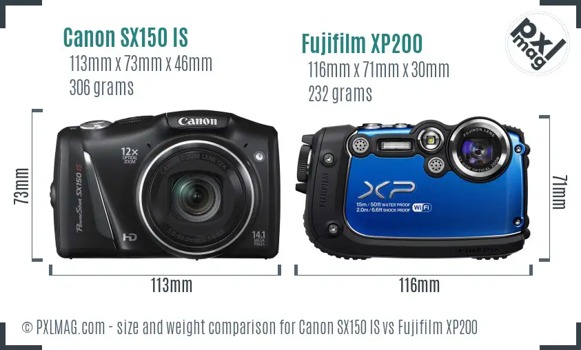 Canon SX150 IS vs Fujifilm XP200 size comparison