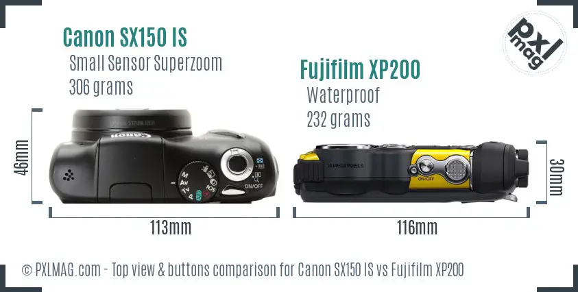 Canon SX150 IS vs Fujifilm XP200 top view buttons comparison