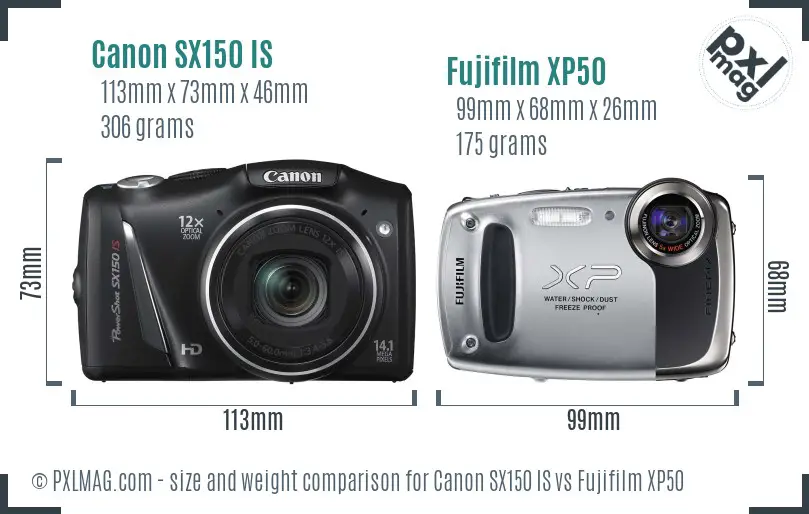 Canon SX150 IS vs Fujifilm XP50 size comparison