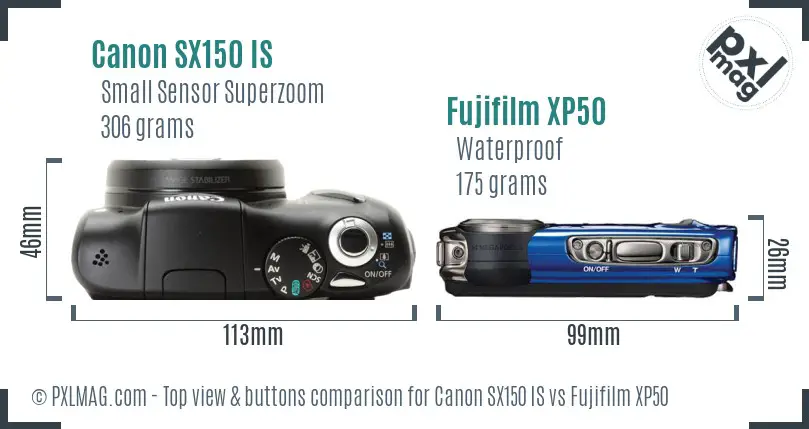 Canon SX150 IS vs Fujifilm XP50 top view buttons comparison