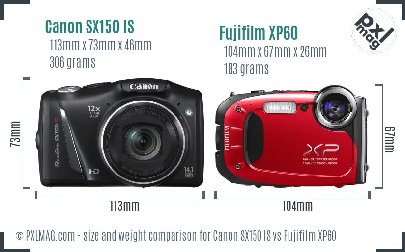 Canon SX150 IS vs Fujifilm XP60 size comparison