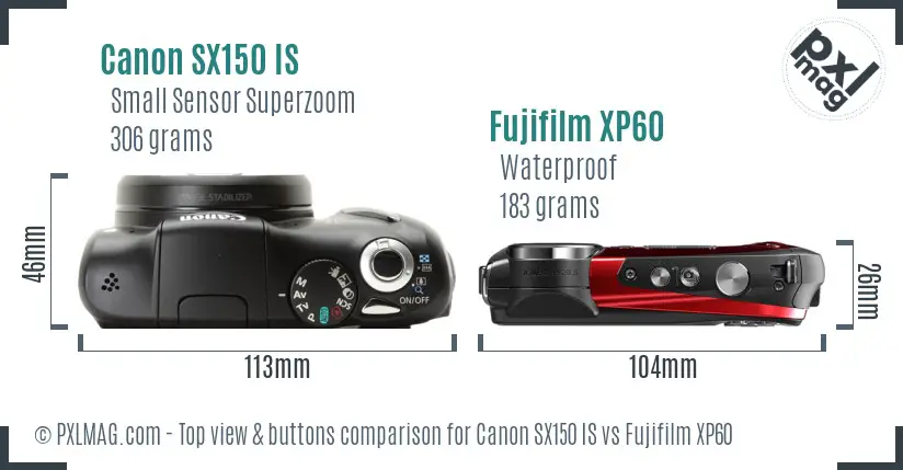 Canon SX150 IS vs Fujifilm XP60 top view buttons comparison