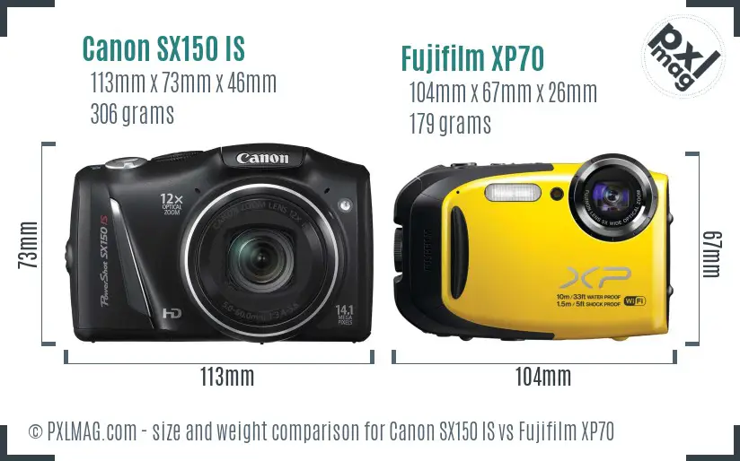 Canon SX150 IS vs Fujifilm XP70 size comparison