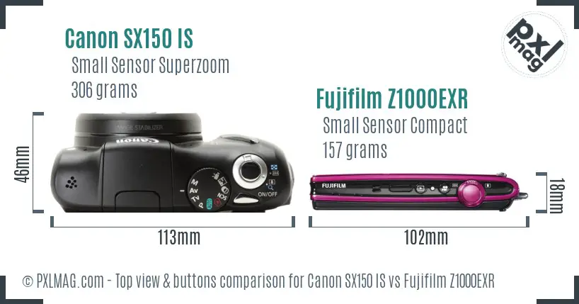 Canon SX150 IS vs Fujifilm Z1000EXR top view buttons comparison