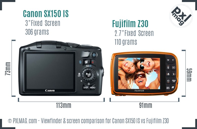 Canon SX150 IS vs Fujifilm Z30 Screen and Viewfinder comparison