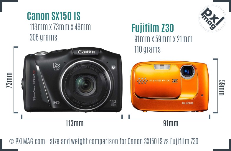 Canon SX150 IS vs Fujifilm Z30 size comparison