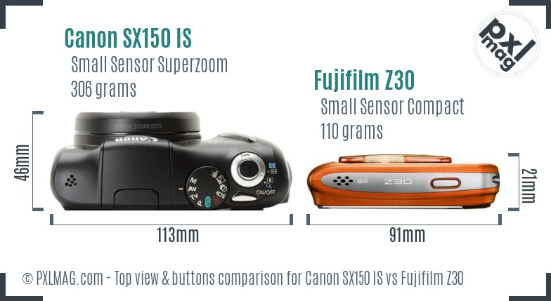 Canon SX150 IS vs Fujifilm Z30 top view buttons comparison