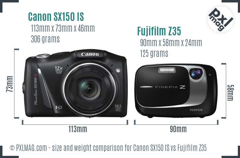 Canon SX150 IS vs Fujifilm Z35 size comparison