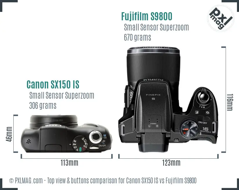 Canon SX150 IS vs Fujifilm S9800 top view buttons comparison