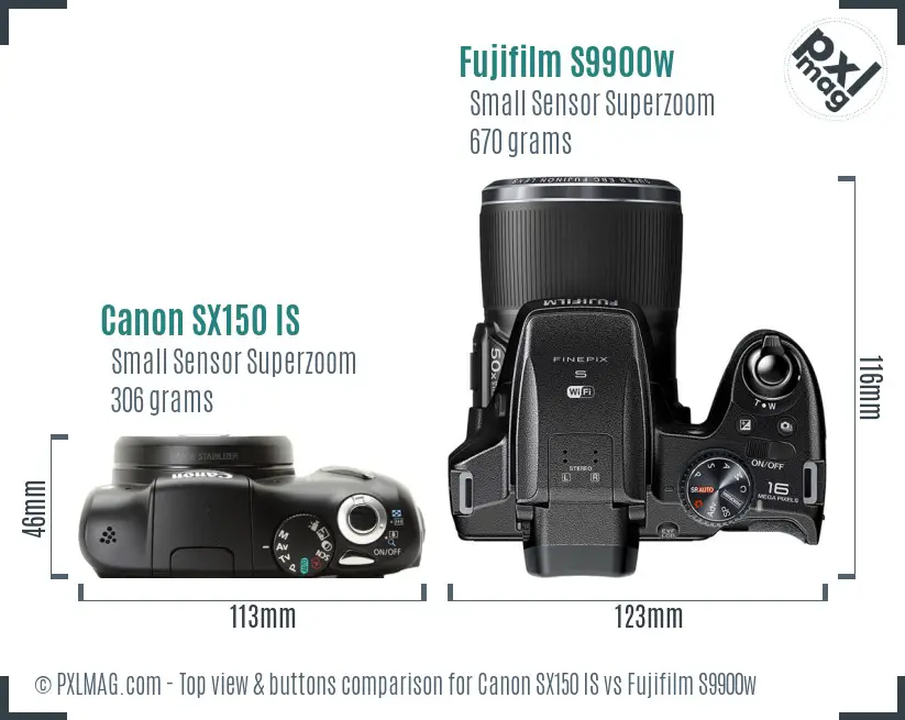 Canon SX150 IS vs Fujifilm S9900w top view buttons comparison