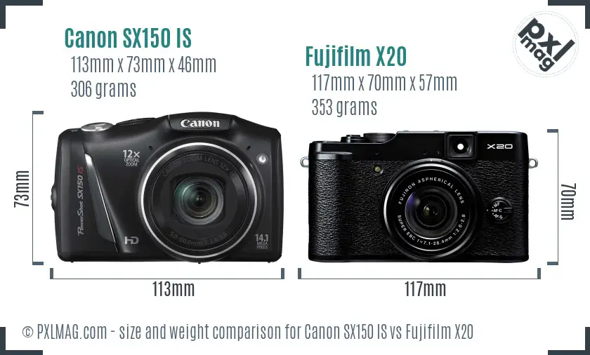 Canon SX150 IS vs Fujifilm X20 size comparison