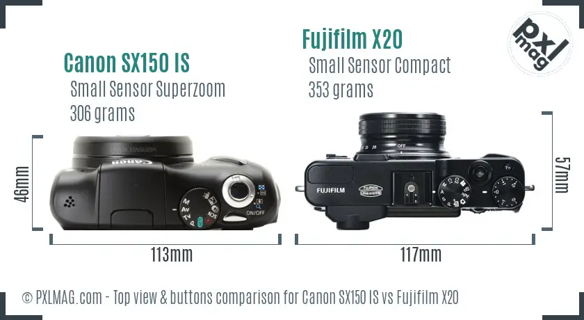 Canon SX150 IS vs Fujifilm X20 top view buttons comparison