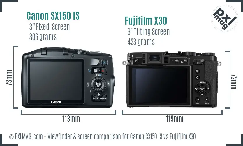 Canon SX150 IS vs Fujifilm X30 Screen and Viewfinder comparison