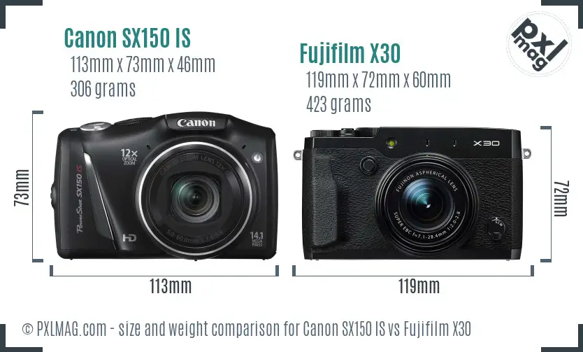 Canon SX150 IS vs Fujifilm X30 size comparison