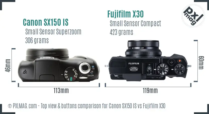 Canon SX150 IS vs Fujifilm X30 top view buttons comparison