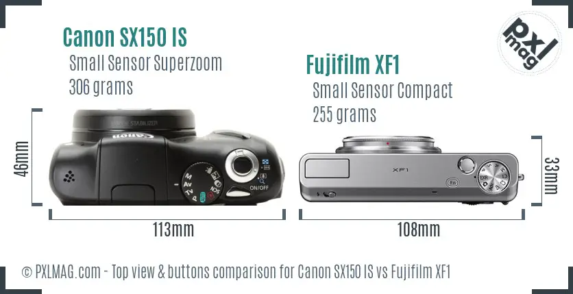 Canon SX150 IS vs Fujifilm XF1 top view buttons comparison
