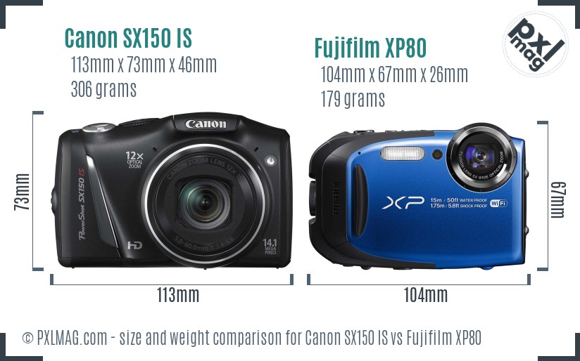 Canon SX150 IS vs Fujifilm XP80 size comparison Canon SX150 IS vs Fujifilm XP80 size comparison