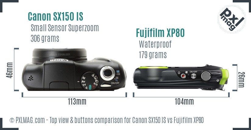 Canon SX150 IS vs Fujifilm XP80 top view buttons comparison