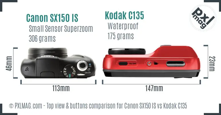 Canon SX150 IS vs Kodak C135 top view buttons comparison Canon SX150 IS vs Kodak C135 top view buttons comparison