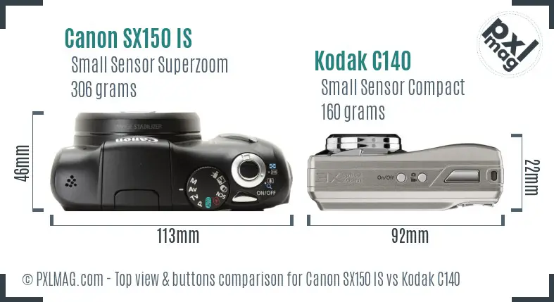 Canon SX150 IS vs Kodak C140 top view buttons comparison Canon SX150 IS vs Kodak C140 top view buttons comparison