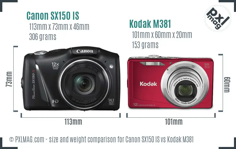 Canon SX150 IS vs Kodak M381 size comparison