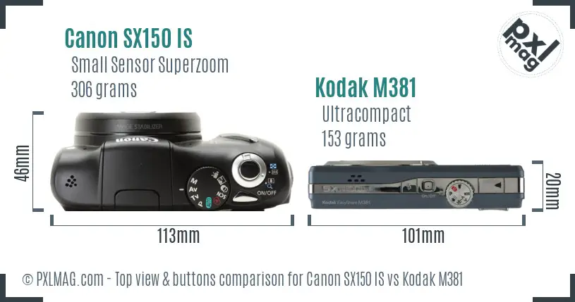 Canon SX150 IS vs Kodak M381 top view buttons comparison