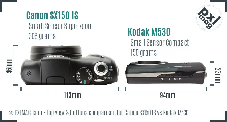 Canon SX150 IS vs Kodak M530 top view buttons comparison