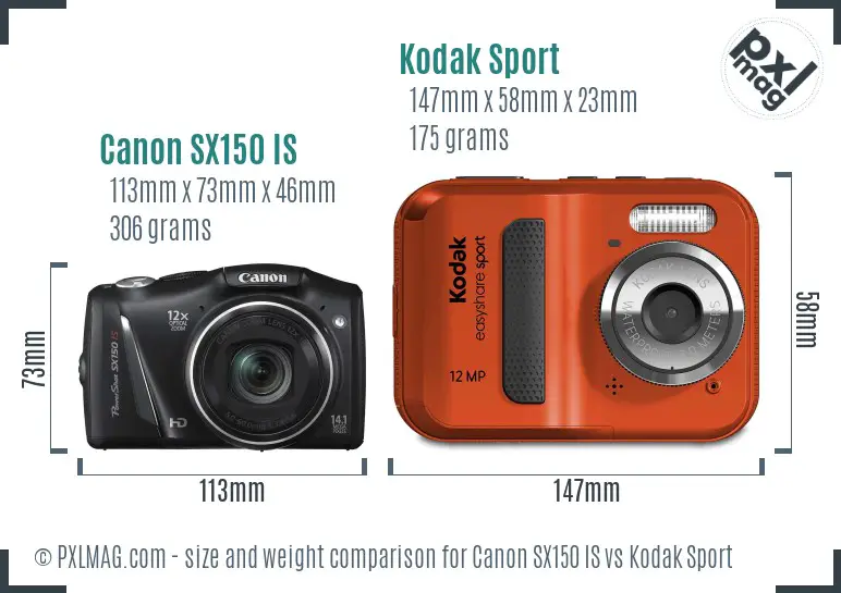 Canon SX150 IS vs Kodak Sport size comparison Canon SX150 IS vs Kodak Sport size comparison