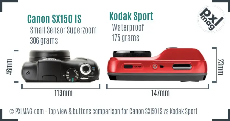 Canon SX150 IS vs Kodak Sport top view buttons comparison Canon SX150 IS vs Kodak Sport top view buttons comparison
