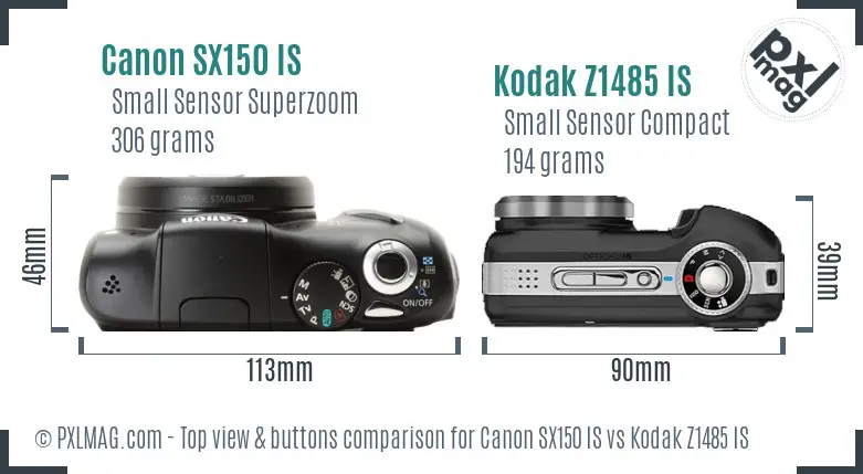 Canon SX150 IS vs Kodak Z1485 IS top view buttons comparison Canon SX150 IS vs Kodak Z1485 IS top view buttons comparison
