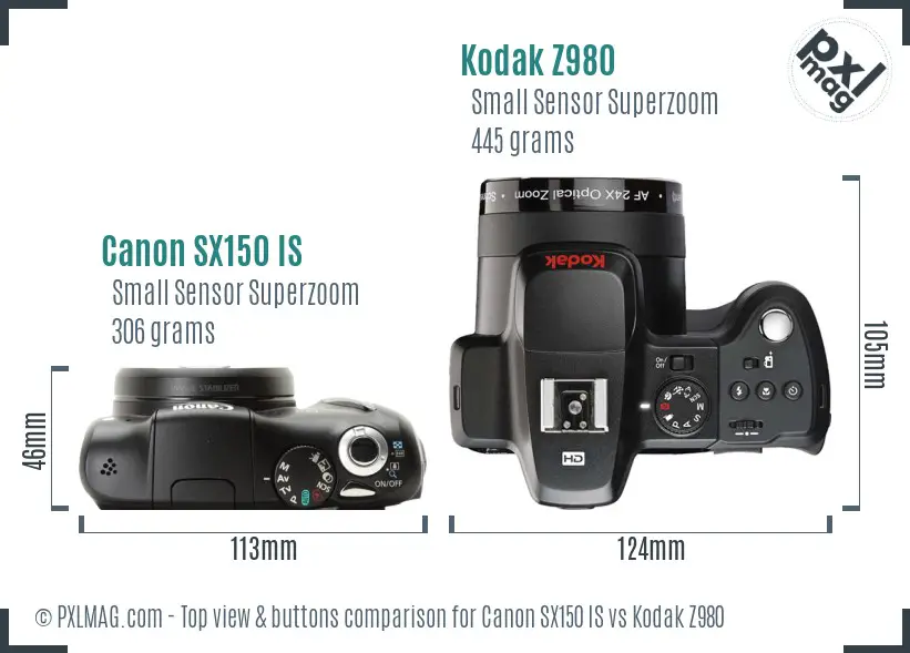 Canon SX150 IS vs Kodak Z980 top view buttons comparison