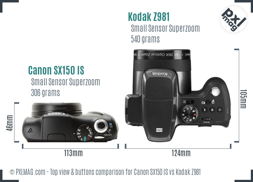 Canon SX150 IS vs Kodak Z981 top view buttons comparison