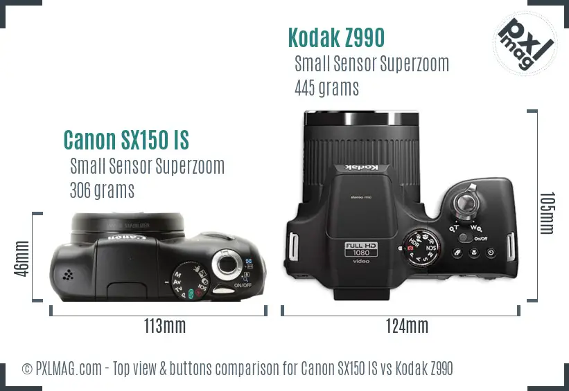 Canon SX150 IS vs Kodak Z990 top view buttons comparison Canon SX150 IS vs Kodak Z990 top view buttons comparison