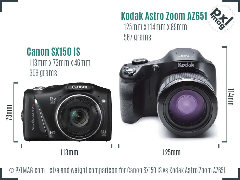 Canon SX150 IS vs Kodak Astro Zoom AZ651 size comparison