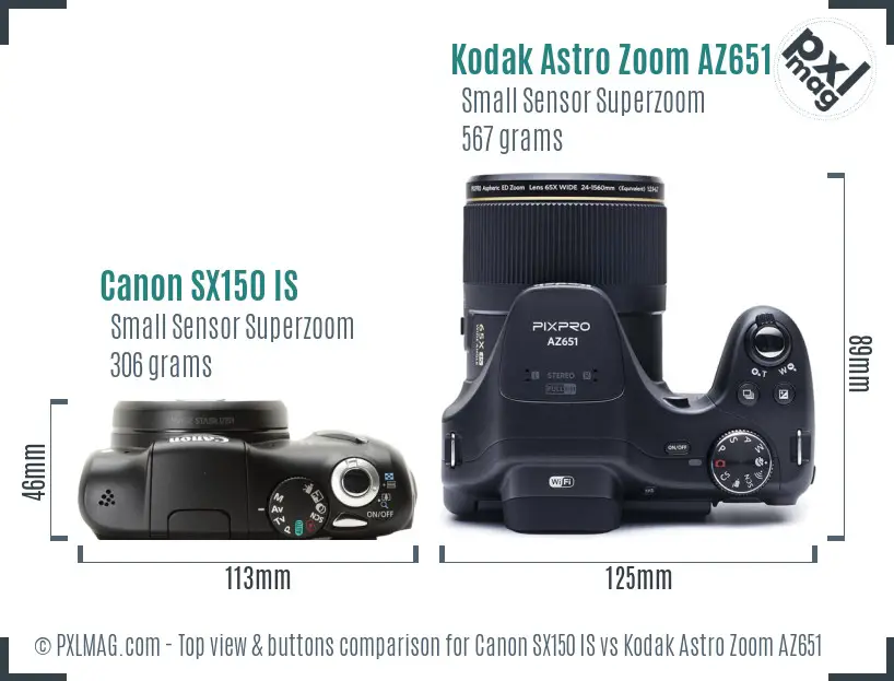 Canon SX150 IS vs Kodak Astro Zoom AZ651 top view buttons comparison