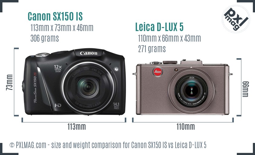 Canon SX150 IS vs Leica D-LUX 5 size comparison