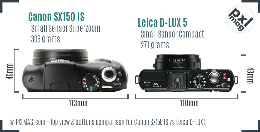 Canon SX150 IS vs Leica D-LUX 5 top view buttons comparison