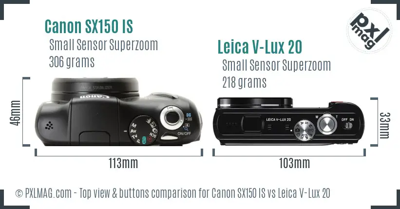 Canon SX150 IS vs Leica V-Lux 20 top view buttons comparison Canon SX150 IS vs Leica V-Lux 20 top view buttons comparison