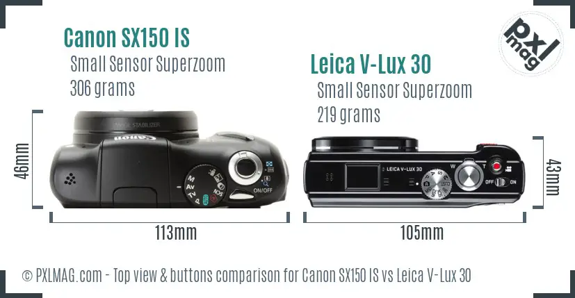 Canon SX150 IS vs Leica V-Lux 30 top view buttons comparison