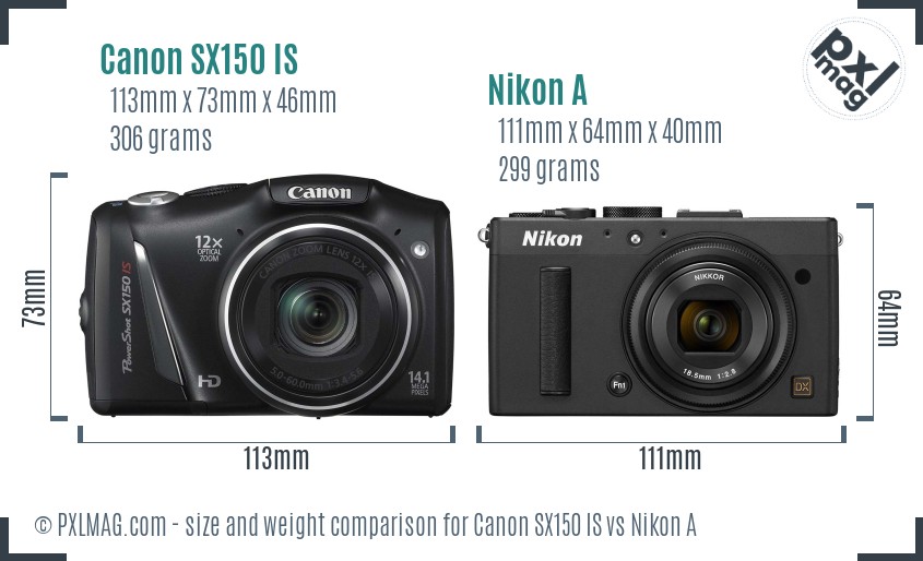 Canon SX150 IS vs Nikon A size comparison