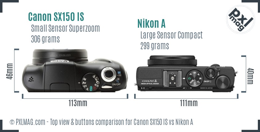 Canon SX150 IS vs Nikon A top view buttons comparison