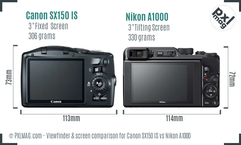 Canon SX150 IS vs Nikon A1000 Screen and Viewfinder comparison
